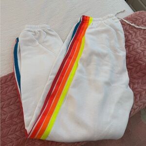 Aviator Nation White Joggers with Rainbow Stripes